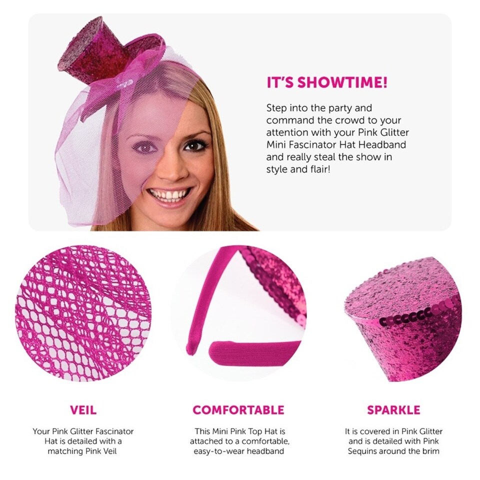 image 1 of Pack of 1 Mini Pink Glitter Fascinator Top Hat Pink | One Size