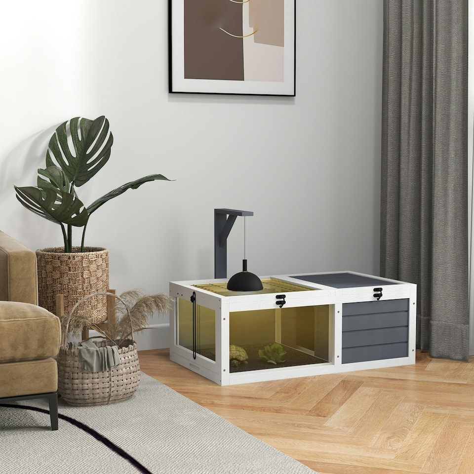 image 1 of PawHut Tortoise House, Wooden Tortoise Table w/ Wooden Lamp Holder - Grey