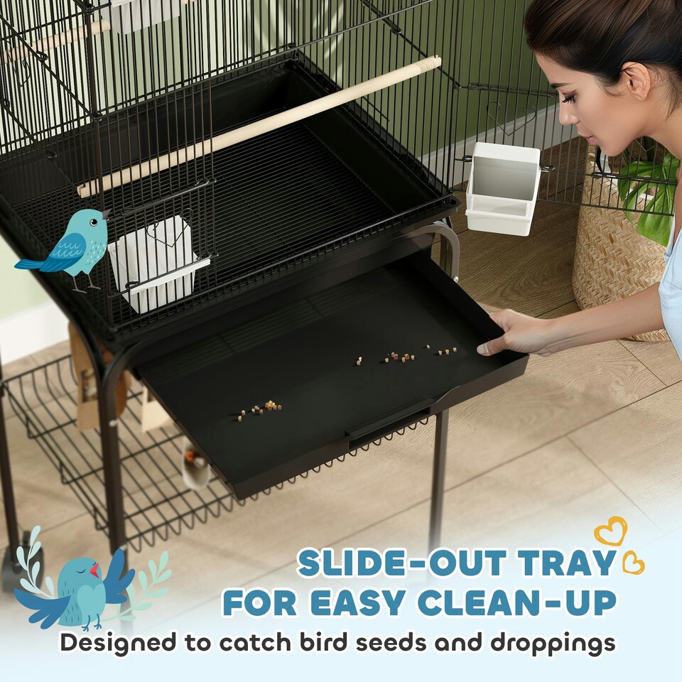 image 1 of PawHut Bird Cage Budgie Cage with Stand Slide Tray Handle for Finch Canary 43 x 32.5 x 163cm Black