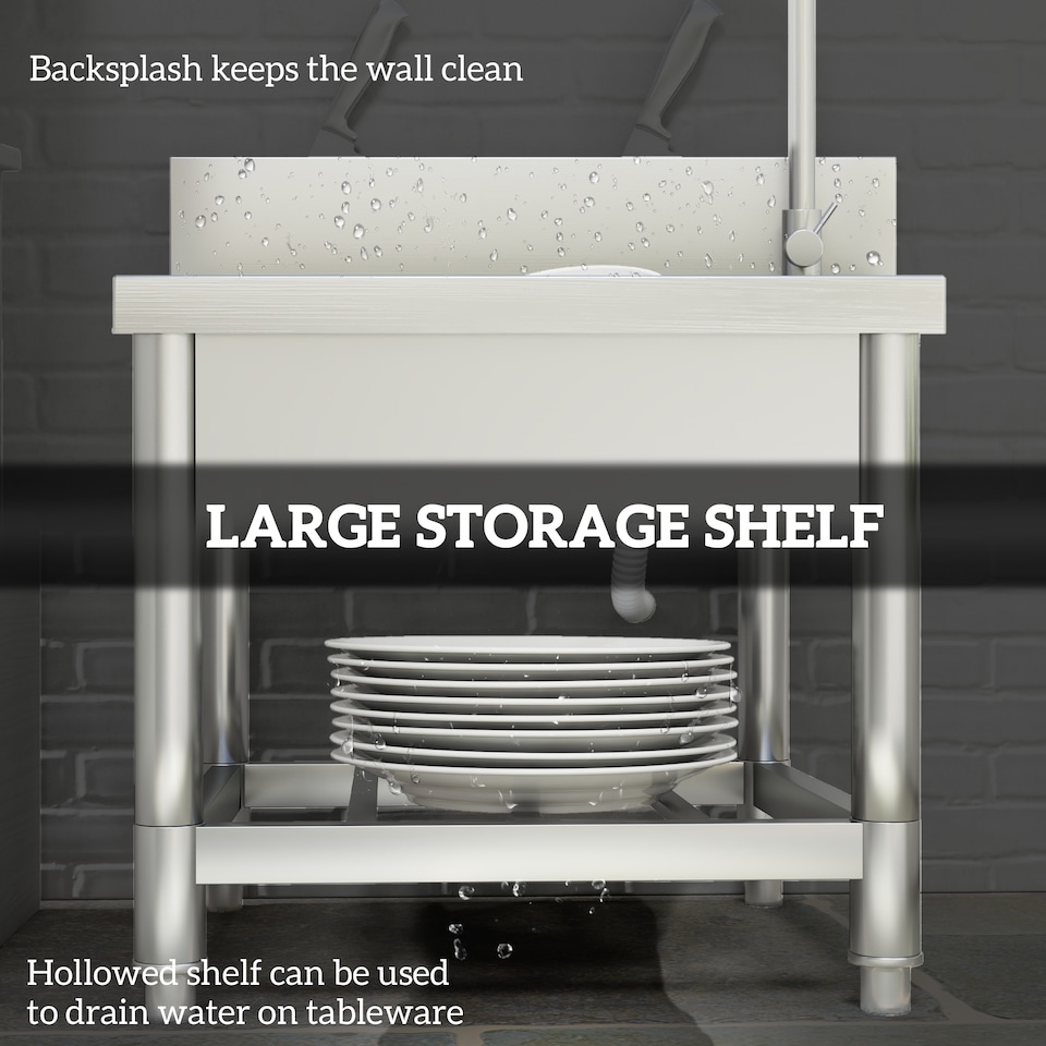 image 1 of HOMCOM Stainless Steel Utility Sink with Cold and Hot Water Pipe Silver Tone