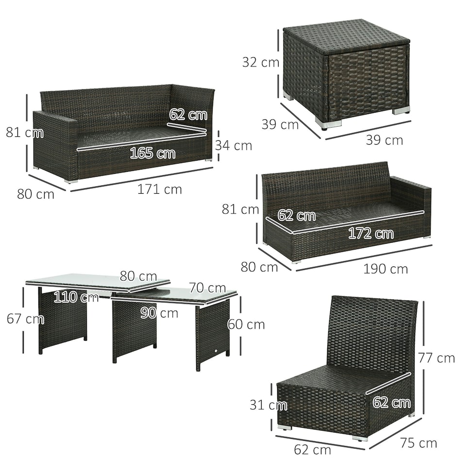 image 1 of Outsunny 10-Seater Sofa Sectional w/ Cushioned Seat, Footstools and Glass Table