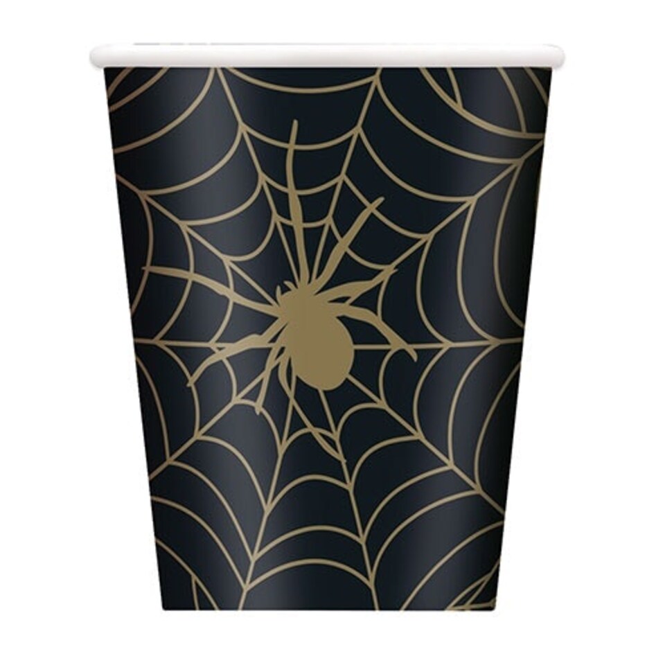 Gold Spider Web Halloween Paper Cups 270ml - Pack of 8