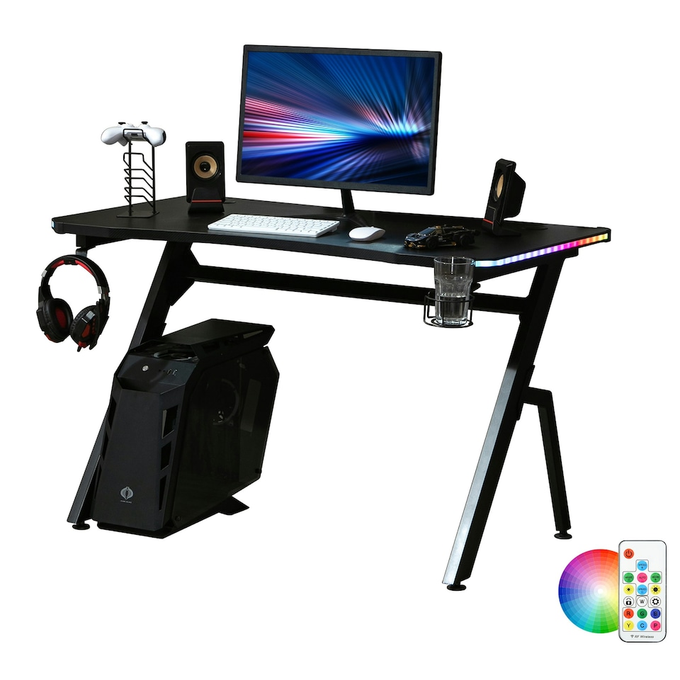 image 1 of HOMCOM Ergonomic Gaming Desk with Hook Cup Holder LED & Cable Management, Black