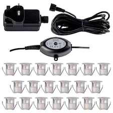 Set of 20 - 30mm IP67 Warm White LED Decking Kit with Photocell | Chrome | Clear | 20