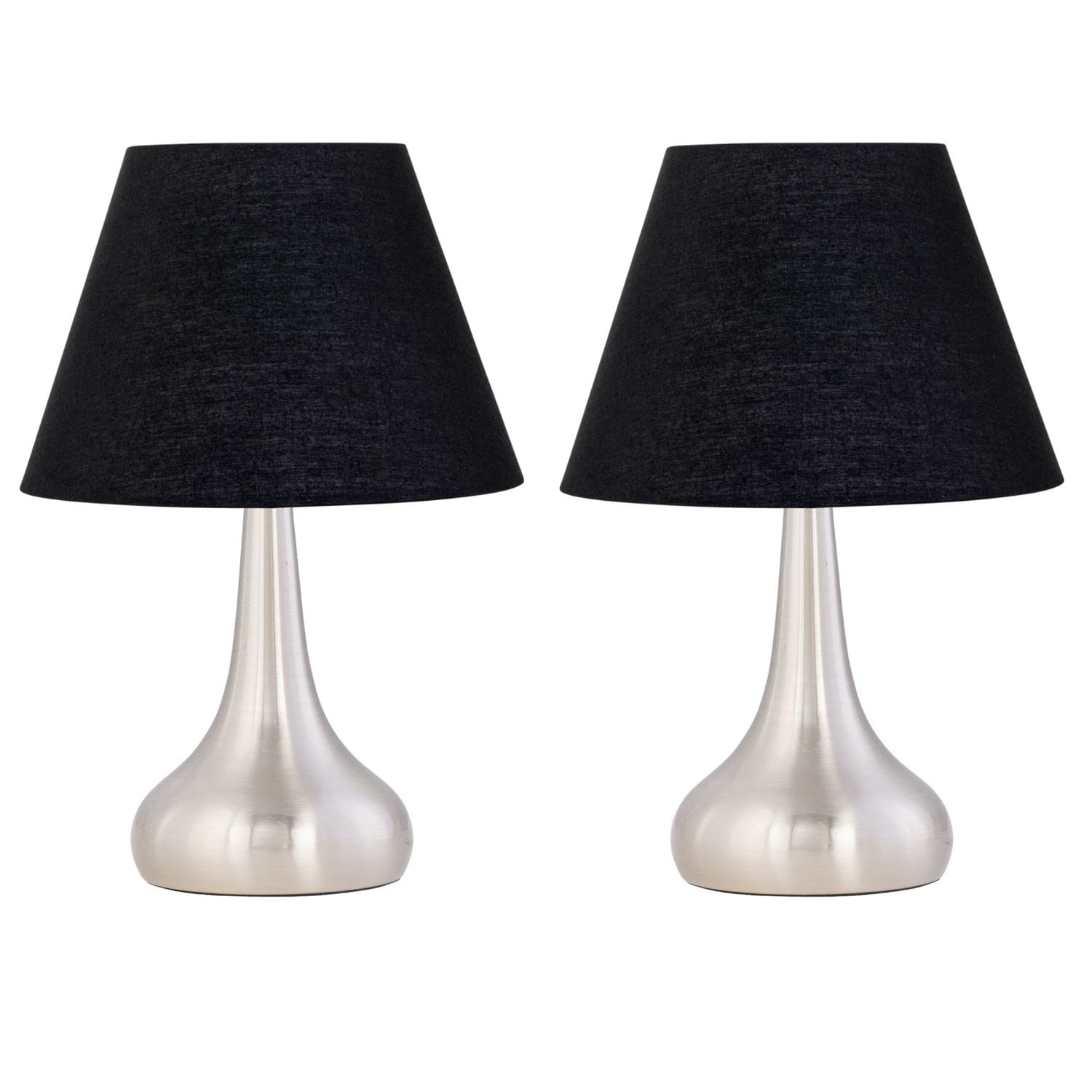 First Choice Lighting Set of 2 Romana - Brushed Chrome Touch Table Lamps with Black Shades in Silver