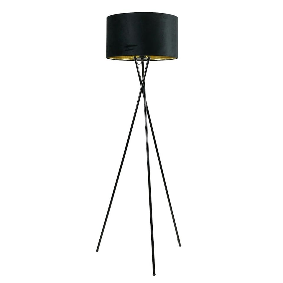image 1 of ValueLights Camden Black Tripod Floor Lamp Black Velvet & Gold Shade | Black
