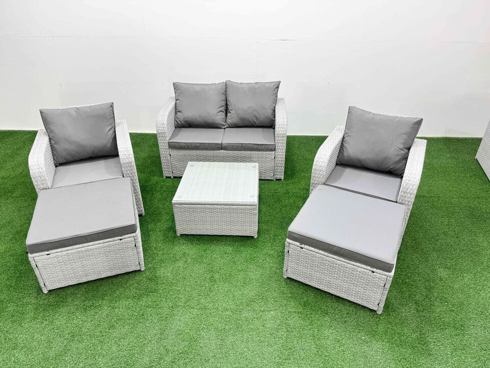 image 1 of Fimous Light Grey PE Wicker Rattan Garden Furniture Set Sofa Set Reclining Adjustable Chair Square Coffee Table 6 Seater 2 Big Stools