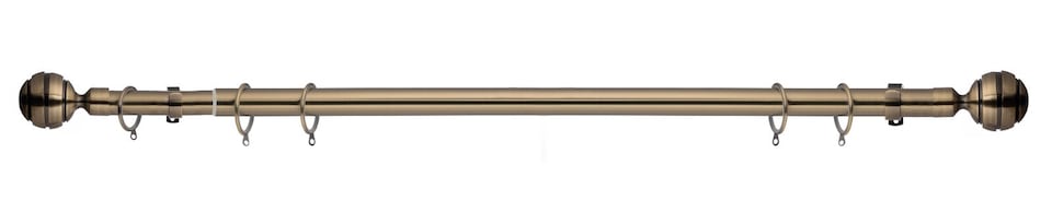 image 1 of Lister Cartwright 28mm Antique Brass Extendable Metal Curtain Pole Set Rings with Ribbed Ball Finial (120 - 320 cm)
