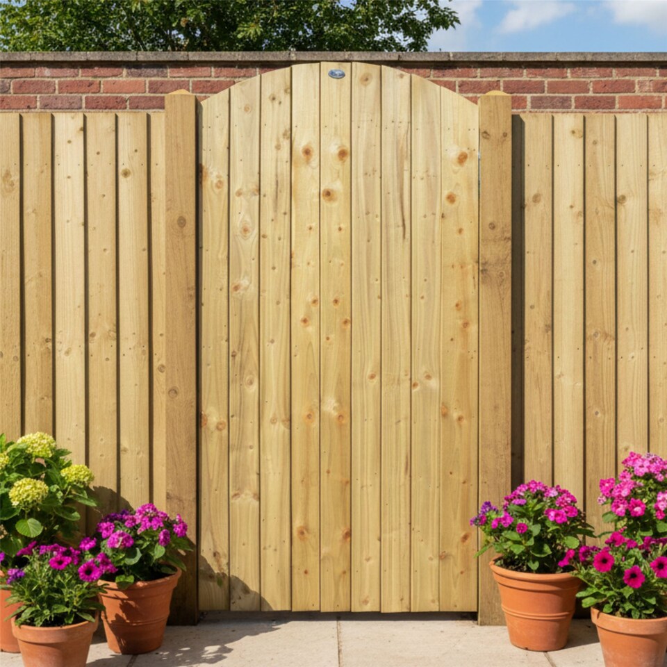 image 1 of Arch Top Wooden Garden Gate 6ft x 4.5ft Feather Edge Semi-Braced Treated Door