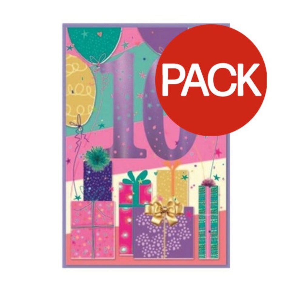 Simon Elvin Gift Wrap 10th Birthday Greetings Card (Pack of 6) - Multicoloured - One Size
