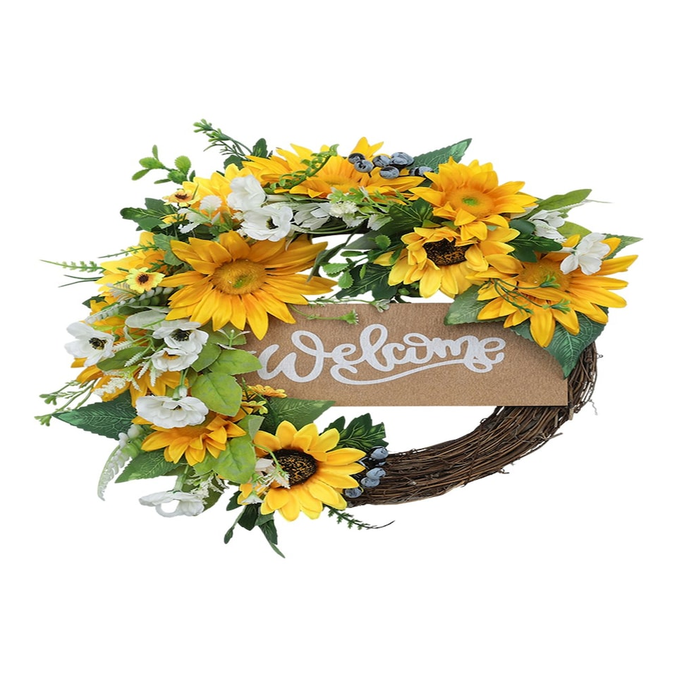 image 1 of Living and Home Artificial Sunflower Wreath - Round Hanging Decoration