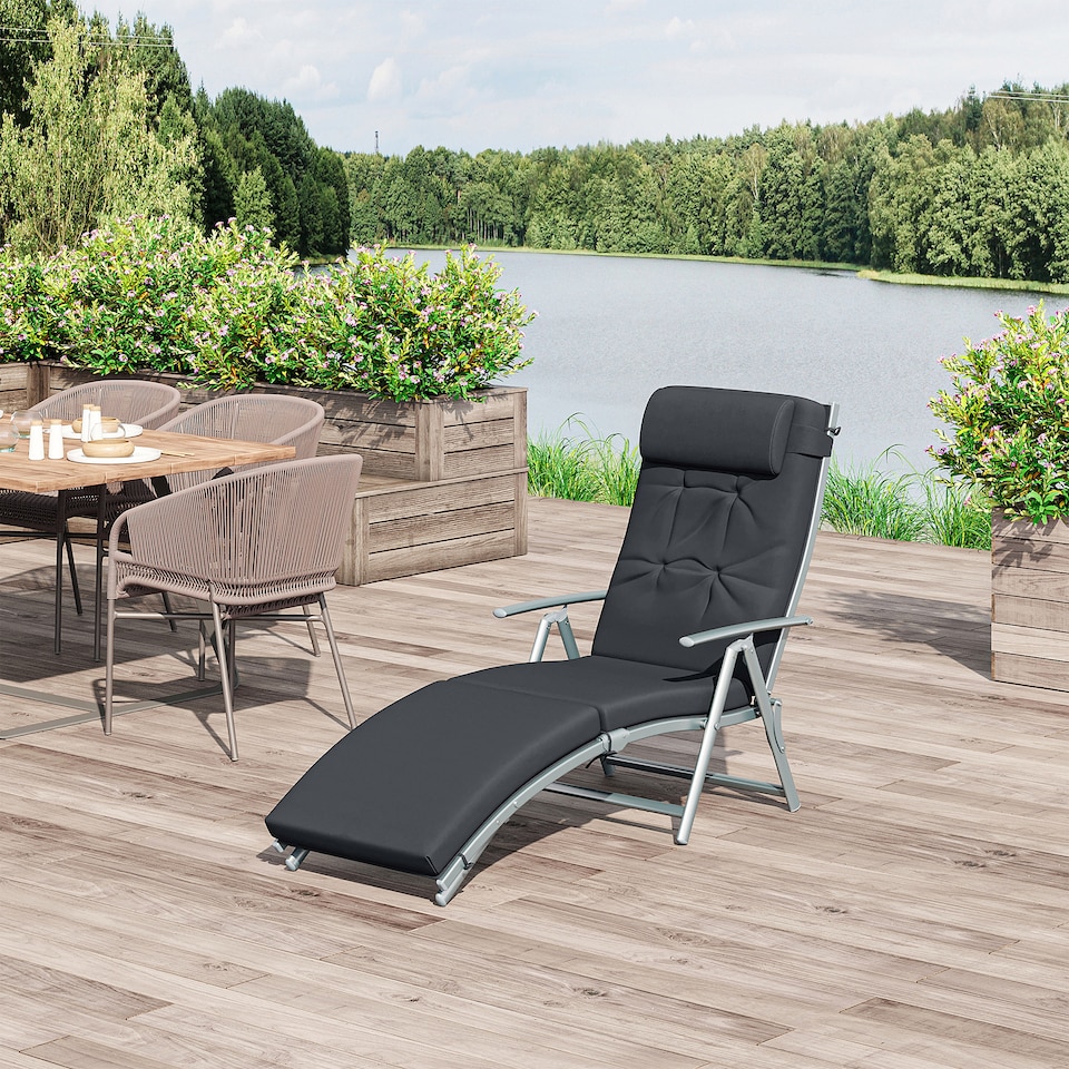 image 1 of Outsunny Sun Lounger Recliner Foldable Padded Seat Adjustable Texteline Black | Black
