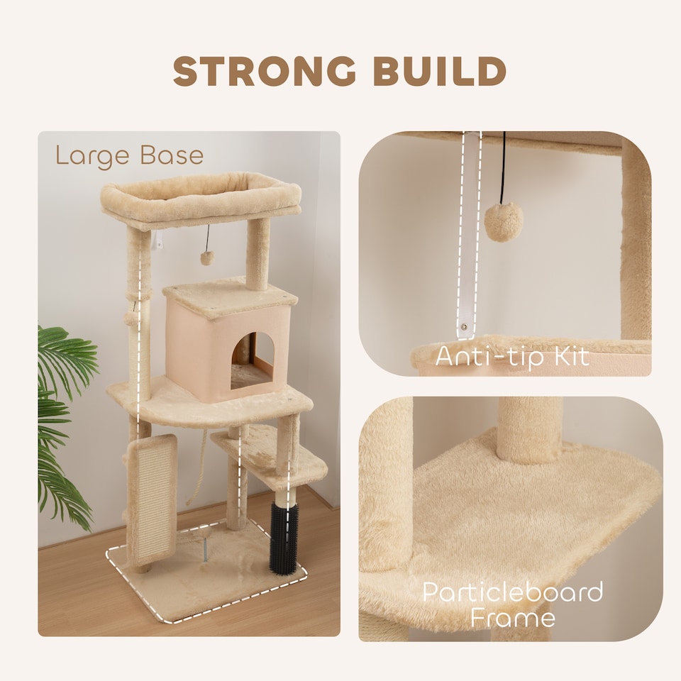 image 1 of PawHut Cat Tree Tower Scratching Post Bed House, 132cm, Beige