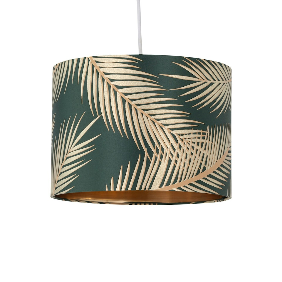 image 1 of First Choice Lighting Set of 2 Tropica Dark Green with Gold Embossed Leaf Detail 30cm Pendant Shades Green