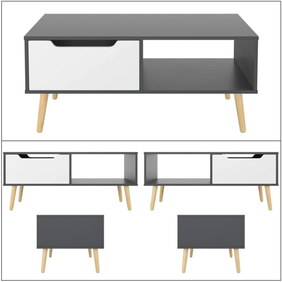 image 1 of Gr8 Home Wooden Grey White Scandinavian Coffee Table With Legs Storage Compartment Drawer