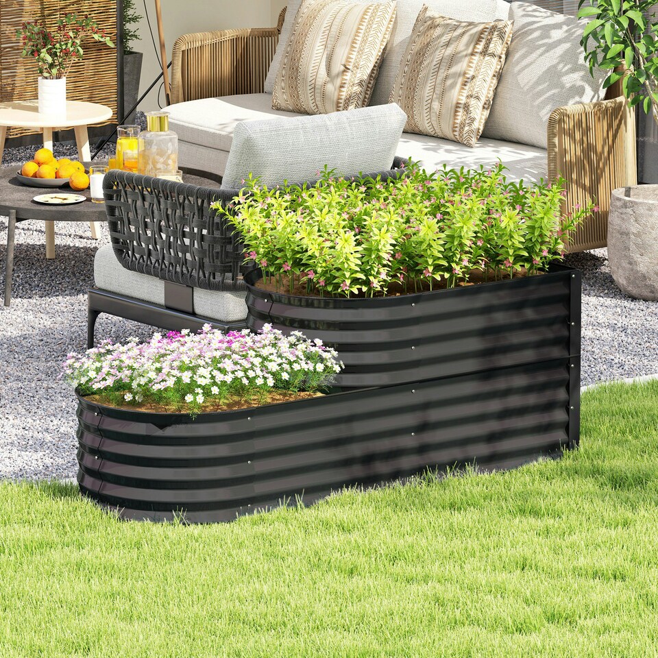 image 1 of Outsunny 2-Tier Galvanised Raised Garden Bed with Safety Edging Grey