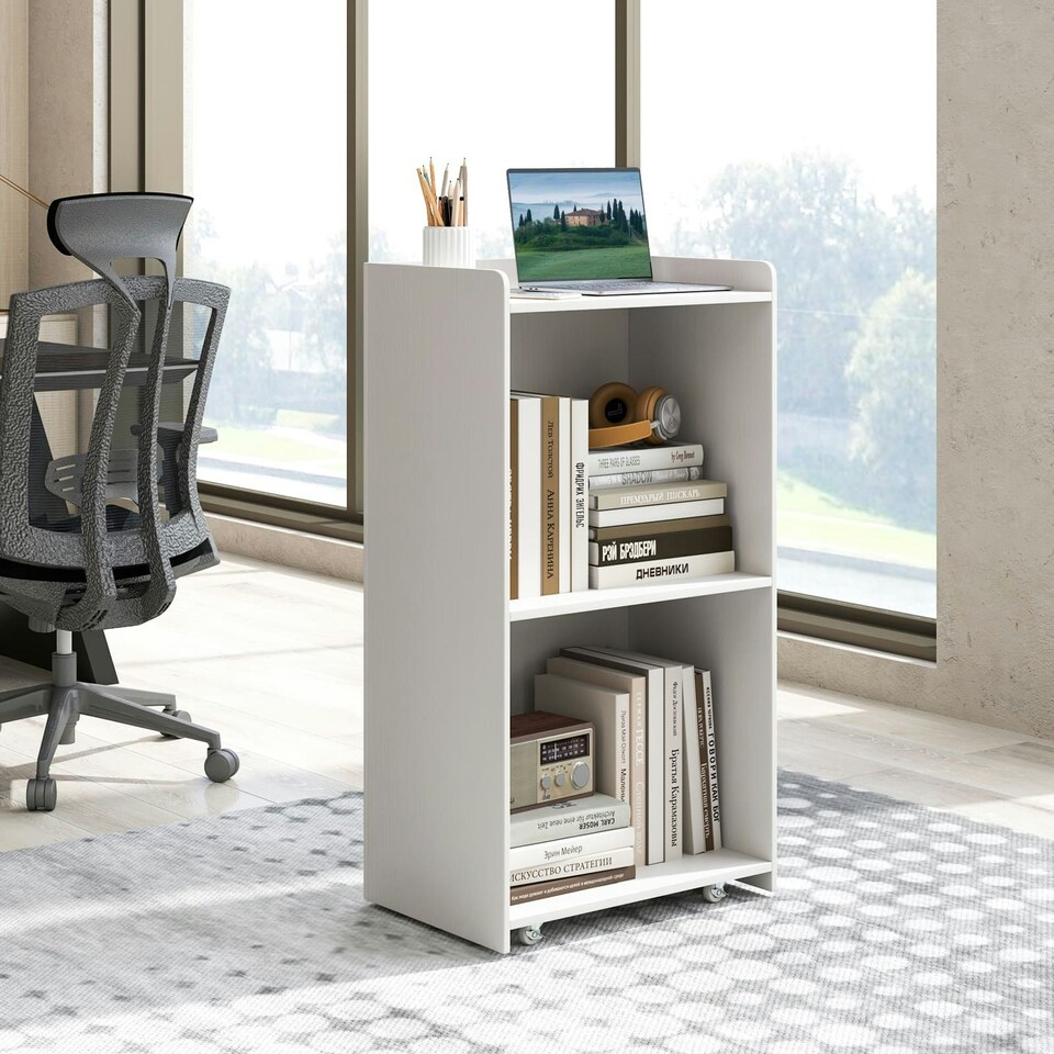 image 1 of COSTWAY Rolling Lectern Stand Desk with 2 Storage Shelves White