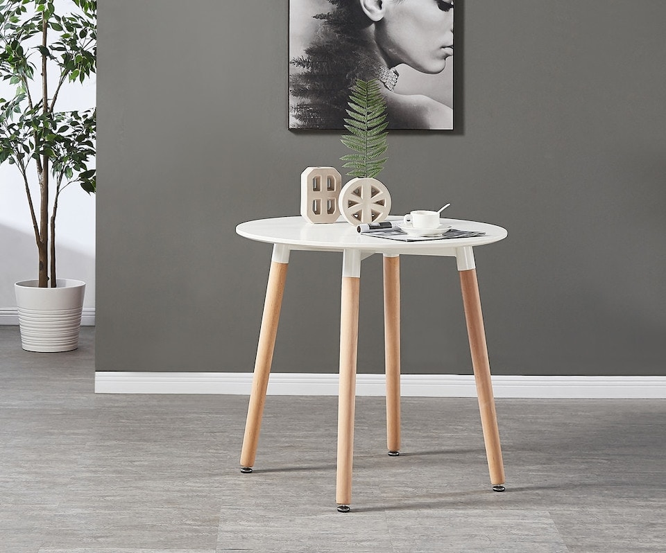 image 1 of 5PCs Dining Set - a White Round Dining Table & Set of 4 White Lorenzo Tulip chairs with Padded Seat | Grey