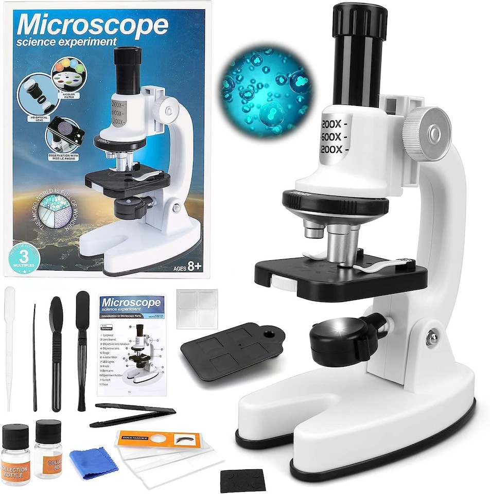 image 1 of Kids Microscope Kit - Portable Science Set with LED Light, Smartphone Holder & 15 Accessories Educational STEM Toy
