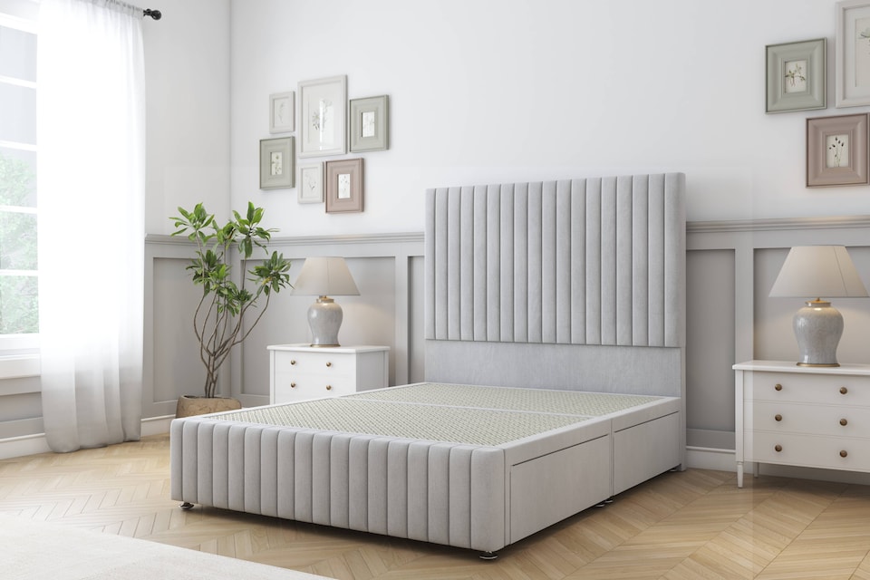 image 1 of Sloomy Madison Silver Naples Divan Bed Base 2 Drawers Foot-End With 26 Inch Strutted Headboard & 12 Inch Matching Footboard | Silver | Silver | Small Double | 1