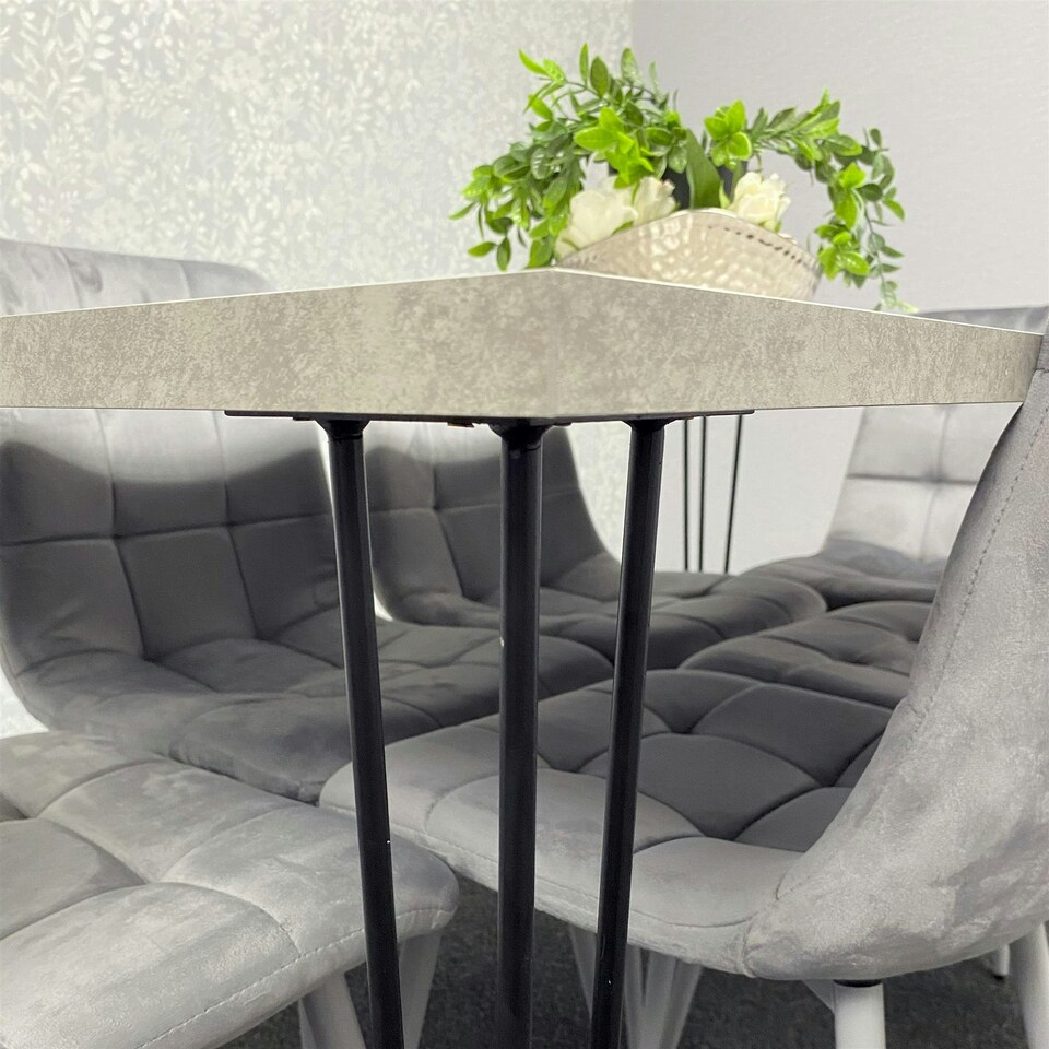 image 1 of Grey Dining Table with Hairpin Legs & 4 Grey Velvet Chairs Set for Kitchen & Dining Room Grey