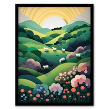 Valley Modern Digital Aesthetic Sunrise Black Framed Wall Art Print A4