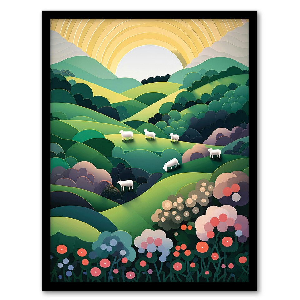 image 1 of Valley Modern Digital Aesthetic Sunrise Black Framed Wall Art Print A4