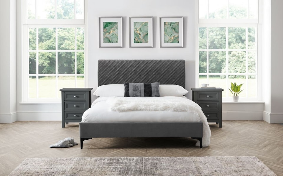 image 1 of Premium - Grey Diamond Quilted Velvet Bed - King 5ft (150cm)