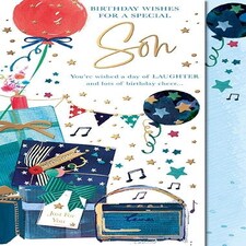 Words 'n' Wishes Special Son Birthday Card, Gifts, Balloons and Music Amp with Embossed Foil Finish