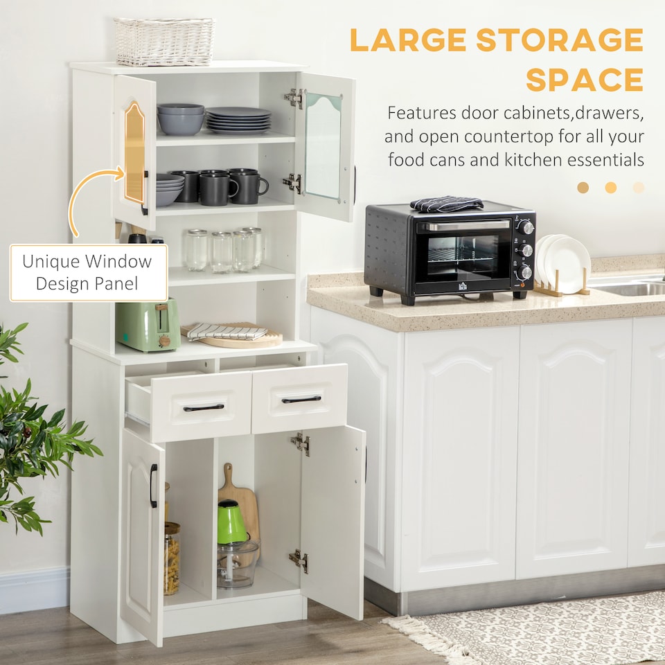 image 1 of HOMCOM Kitchen Cupboard, Freestanding Storage Cabinet with 2 Adjustable Shelves, 2 Drawers and Open Counter for Living Room, Dining Room, 168cm, White