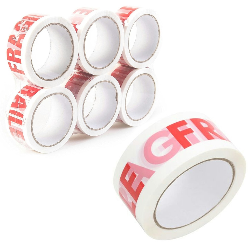 image 1 of 6 Rolls 50mm x 66m Printed Fragile Tape Easy Tear Water Resistant Perfect For Sealing Packages