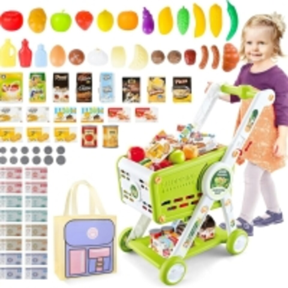 image 1 of Kids Adjustable Height Shopping Cart Trolley Play Set with Pretend Food & Play Money – Green