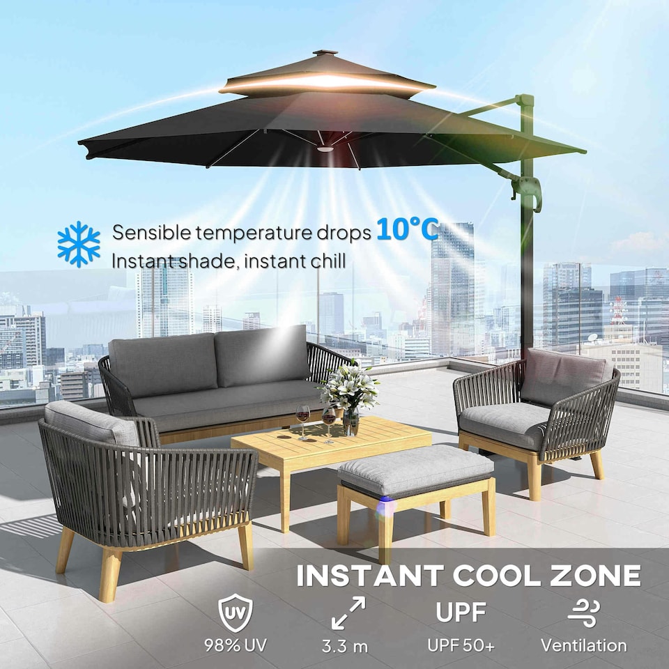 image 1 of Outsunny 3m Cantilever Parasol Solar Lights Power Bank Base 360° Spin Dark Grey
