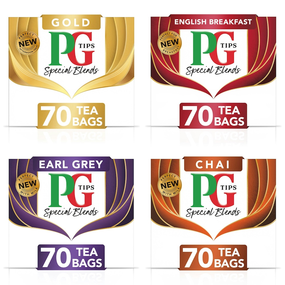 image 1 of PG Tips Special Blends Tea, Chai, English Breakfast, Early Grey & Gold, 70 Teabags each (4 Pack) | Multi