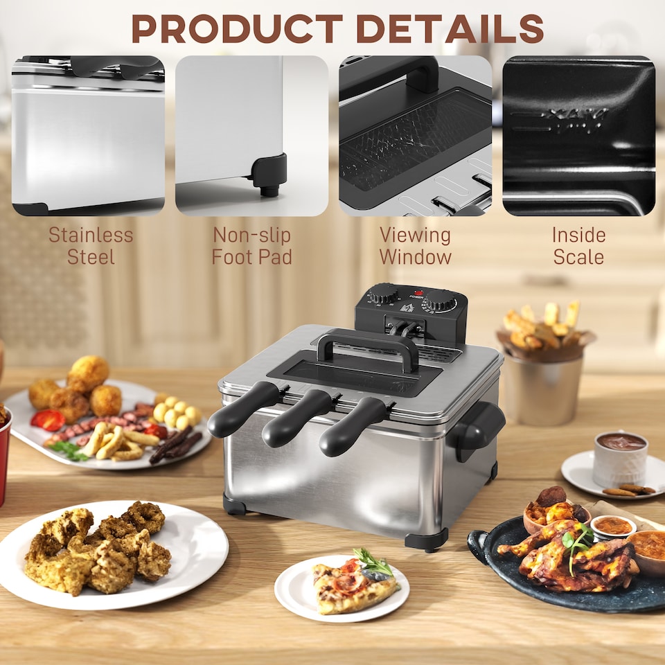 image 1 of HOMCOM 5L Deep Fryer with Removable Oil Basket and Viewing Window, 2000W | Silver