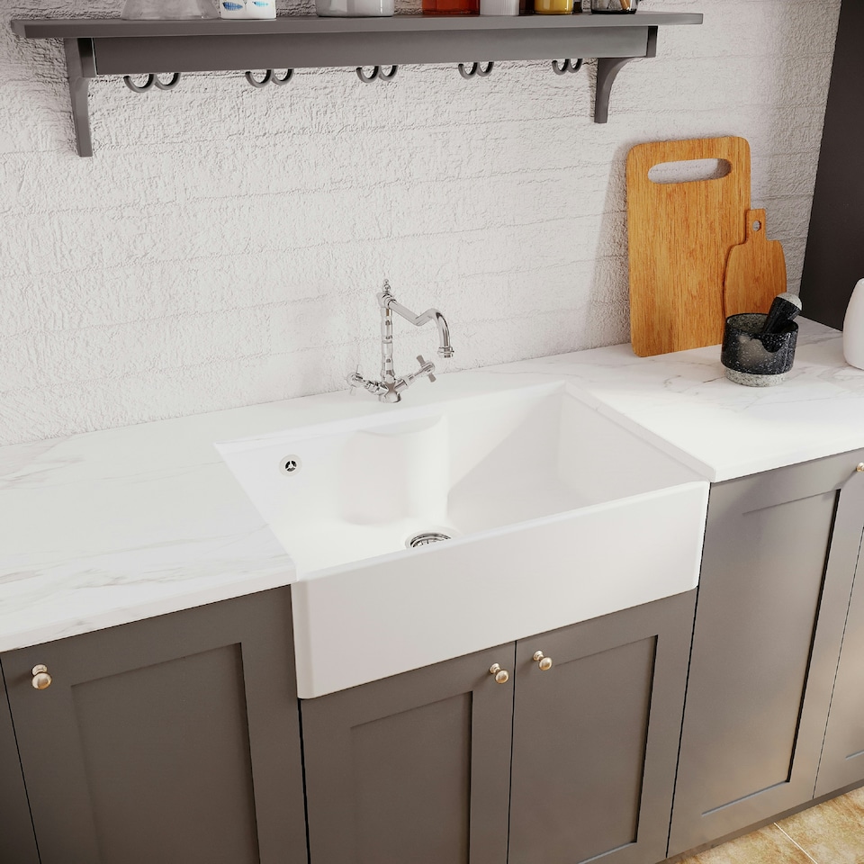 image 1 of Fireclay 795mm 1 Bowl Butler Kitchen Sink - Ledge with French Classic Tap & Waste - Ceramic Kitchen Sink & Tap