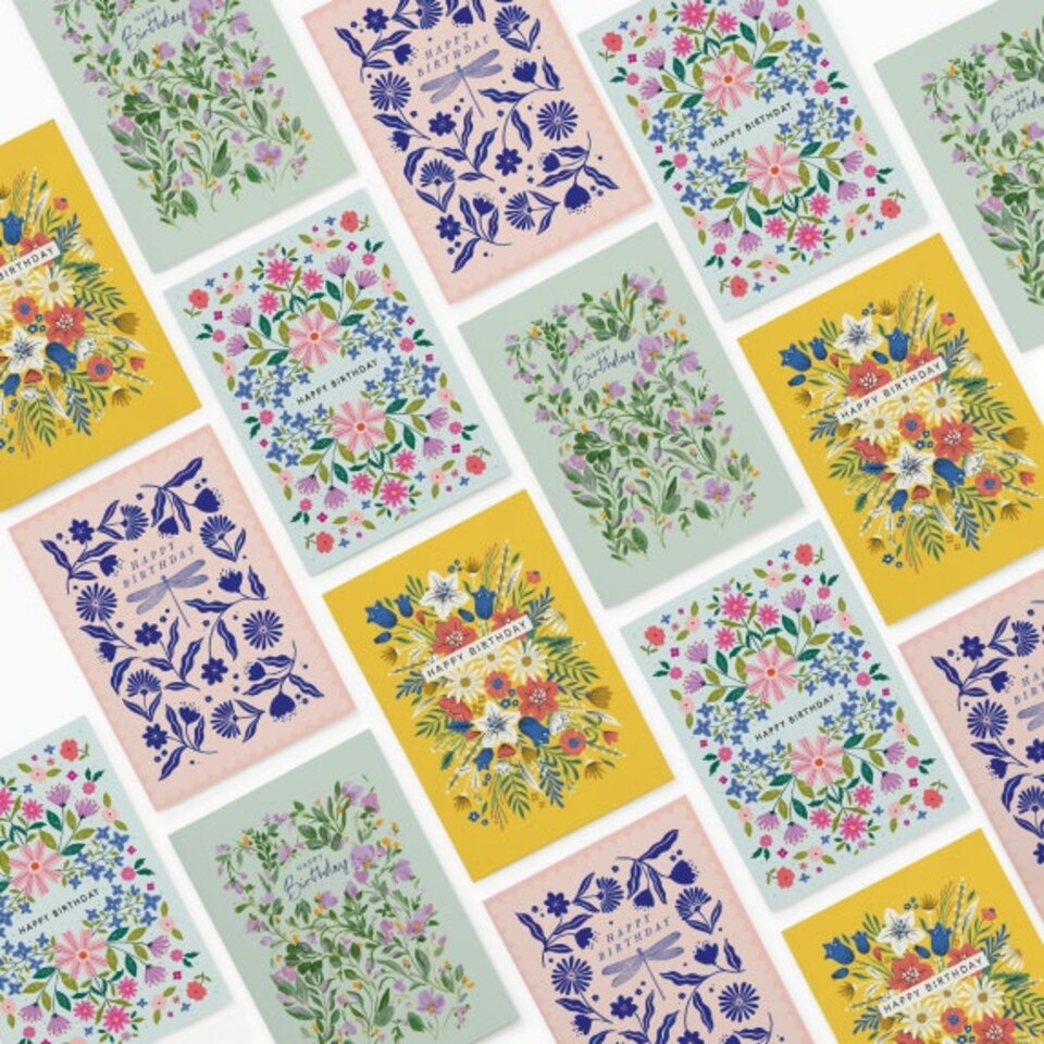 image 1 of Floral Birthday Card Double Pack – Box of 16 (4 Designs)