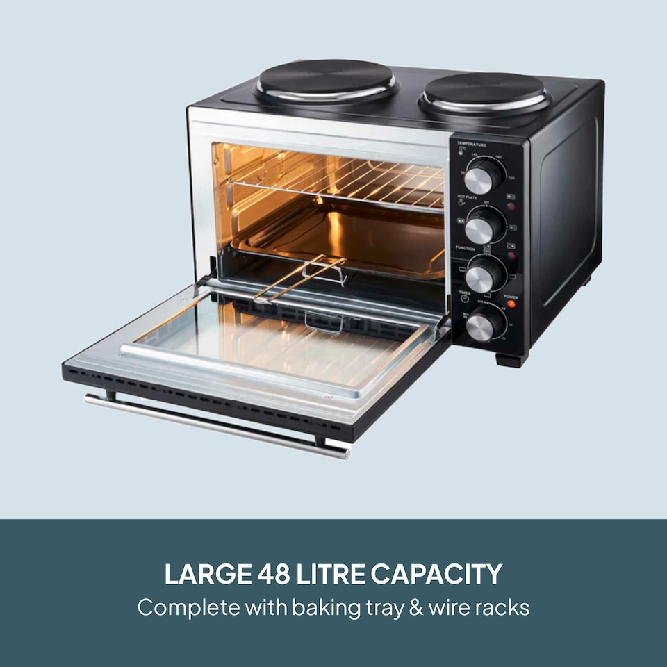 image 1 of Cooks Professional 28L Mini Oven with 2 Hobs - Electric Multifunction Countertop Cooker | Black | Black & Silver