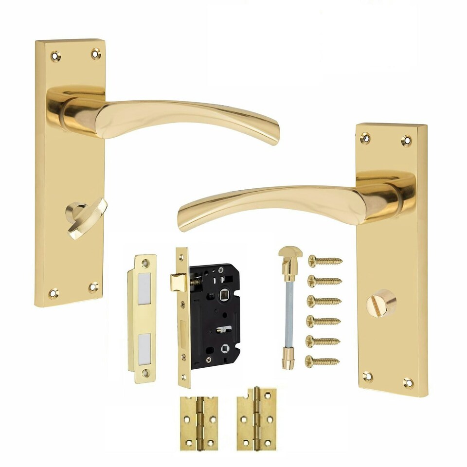 image 1 of Golden Grace Victorian Scroll Astrid Door Handles Bathroom WC Toilet Complete in Polished Brass with (GG) Mortise Lock & 1 Pair of 3" Standard Butt Hinges Gold