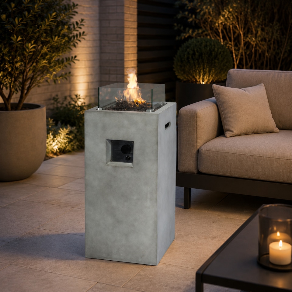 image 1 of Teamson 42cm Gas Fire Pit Column with Glass Wind Guard & Lava Rocks