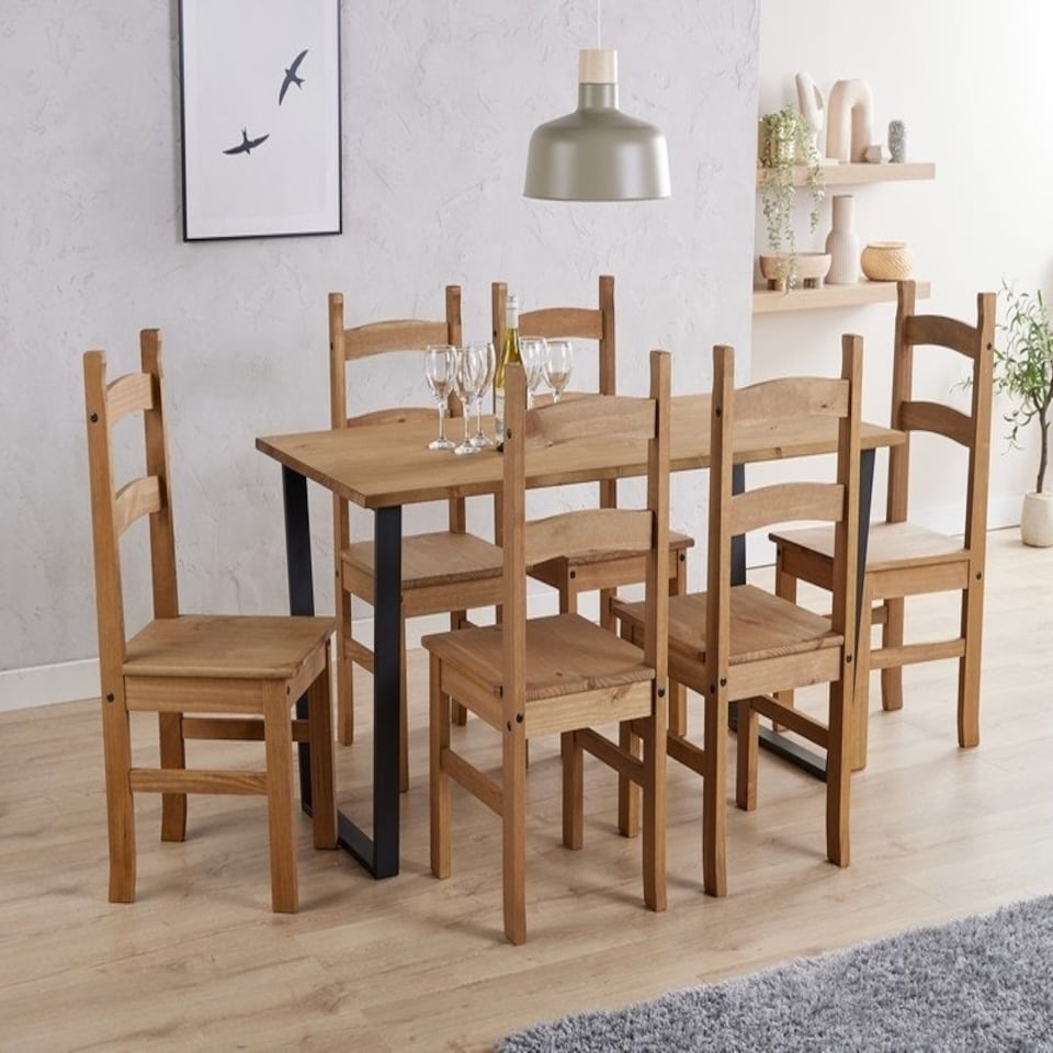 image 1 of Texas Rectangular Dining Table with Metal Legs and 6 Corona Dining Chairs - Black/Antique Waxed Pine Brown