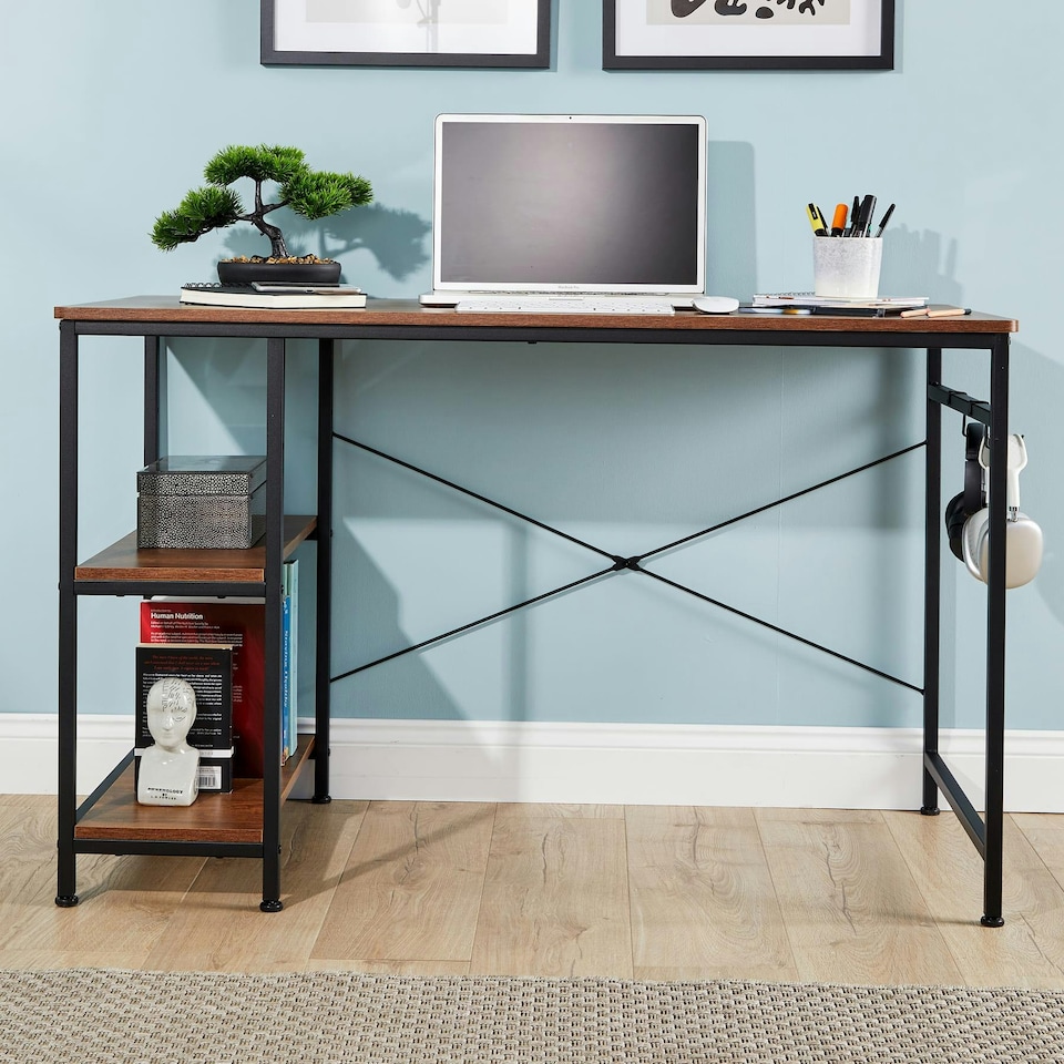 image 1 of Computer Desk Adjustable Shelves Storage Hook Office Table Workstation Brown | Light Oak
