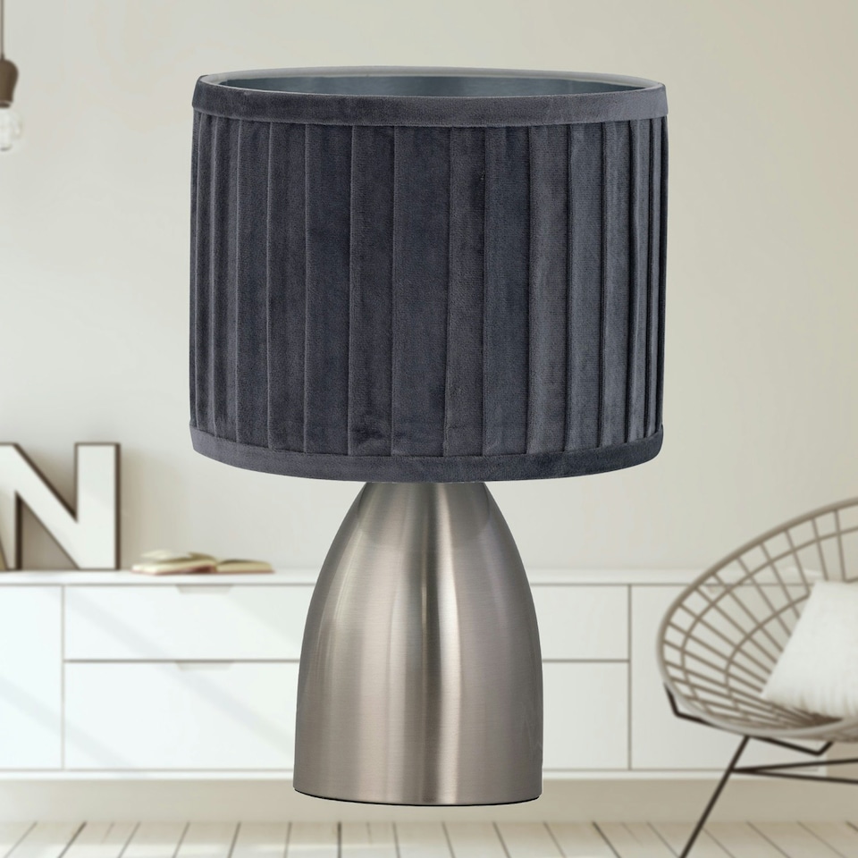 image 1 of First Choice Lighting Set of 2 Valentina Brushed Chrome Touch Lamps with Grey Pleated Velvet Shades Silver | Grey