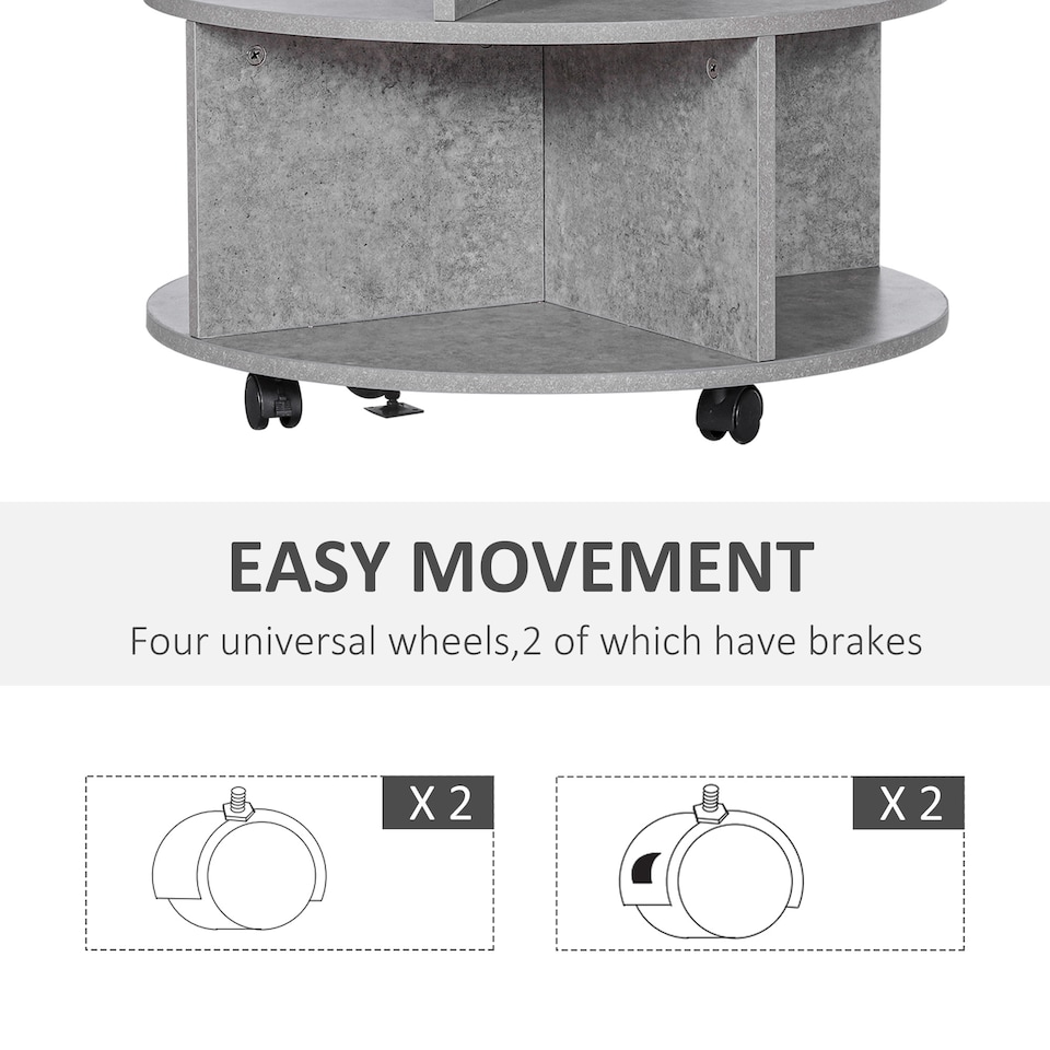 image 1 of HOMCOM Round Coffee Table, Movable Centre Table with Divided Shelves and Rolling Wheels, 3 Tier Living Room Table, Cement Colour | Grey