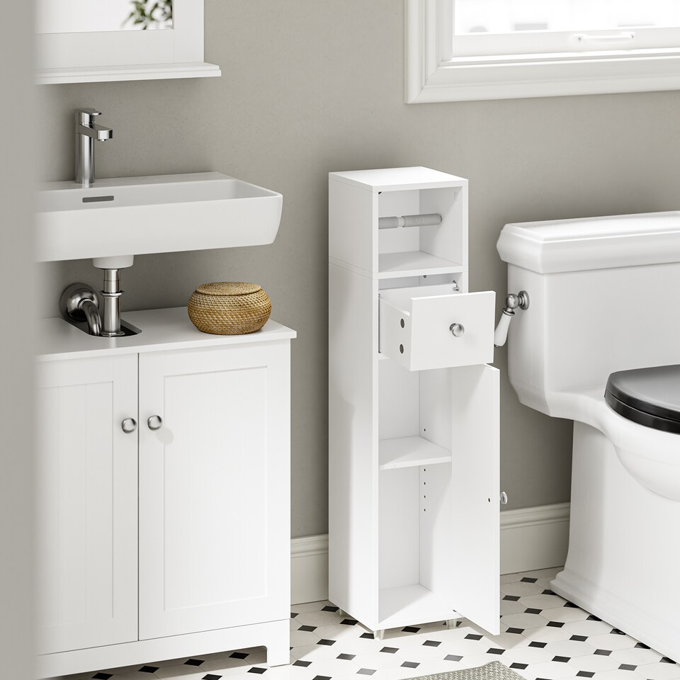 image 1 of SoBuy White Toilet Paper Storage Cabinet with Drawer and Adjustable Shelf, 7.8x7.8x33.4 in, 5.9 kg - BZR219-W