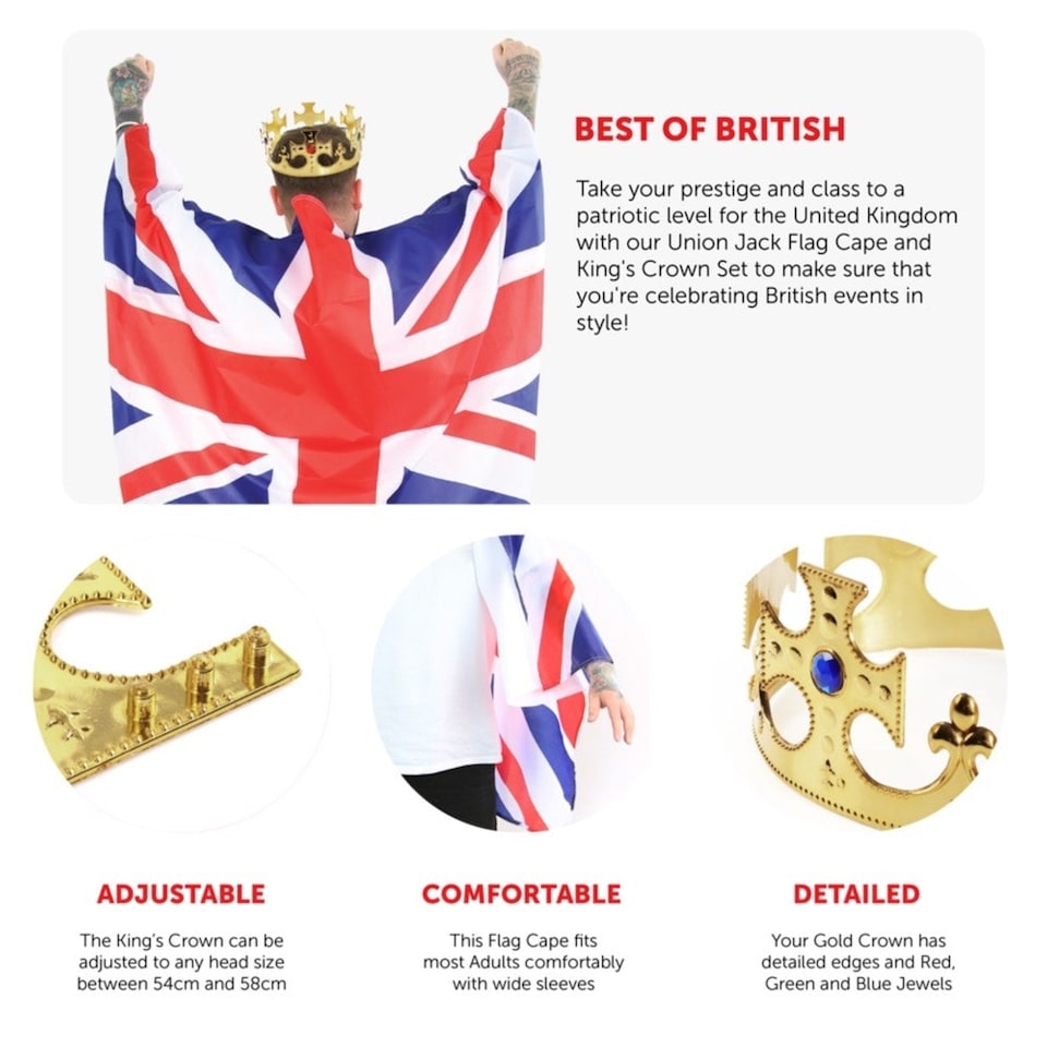 image 1 of Pack of 1 Wearable Union Jack Flag Cape & Crown Red | One Size