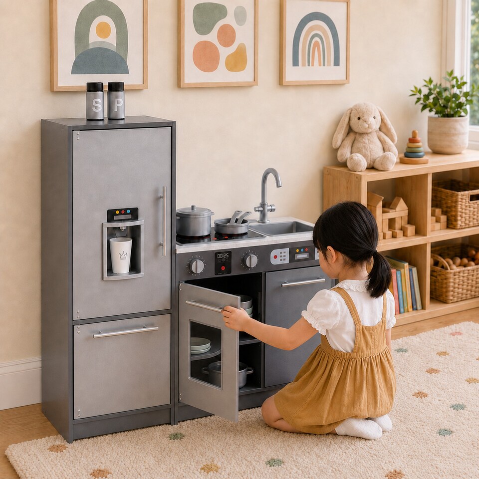image 1 of Teamson Kids Play Kitchen, Medium Grey with Light and Sound, Little Chef Milano