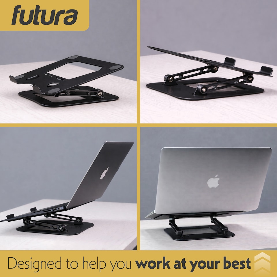 image 1 of Futura Laptop Stand Adjustable Portable Riser, Black Foldable Aluminium Holder for MacBook AirPro and 11 to 17 inch Laptops | Black | Black | One Size | 1