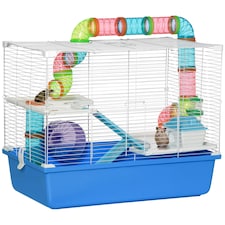 PawHut Hamster Cage w/ Tubes Exercise Wheel, Water Bottle, Food Dish -  Blue