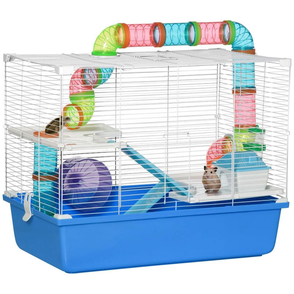 image 1 of PawHut Hamster Cage w/ Tubes Exercise Wheel, Water Bottle, Food Dish - Blue